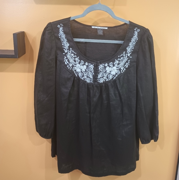For The Republic Black and White Long Sleeve Embroidered 100% Linen Top Size 12 - Picture 9 of 16